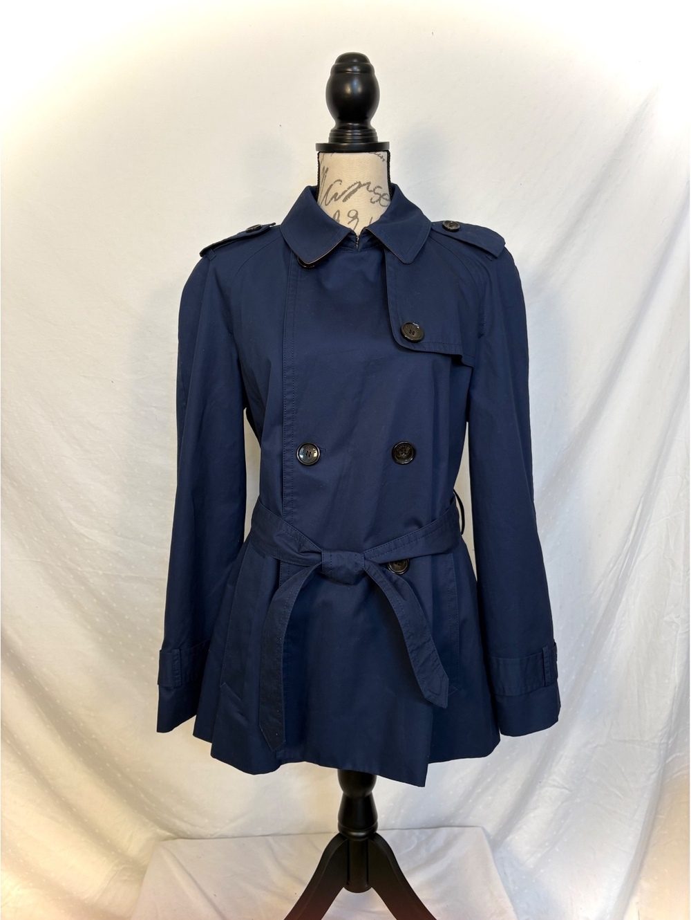 Coach New York Women’s Navy Blue Trench Coat Size L Belted Cotton Leather Trim